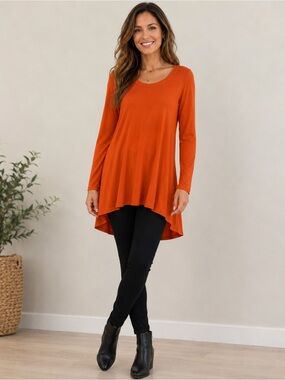 Karen Kane Burnt Orange High-Low Swing Tunic Top Blouse 3/4 Sleeve Size Large